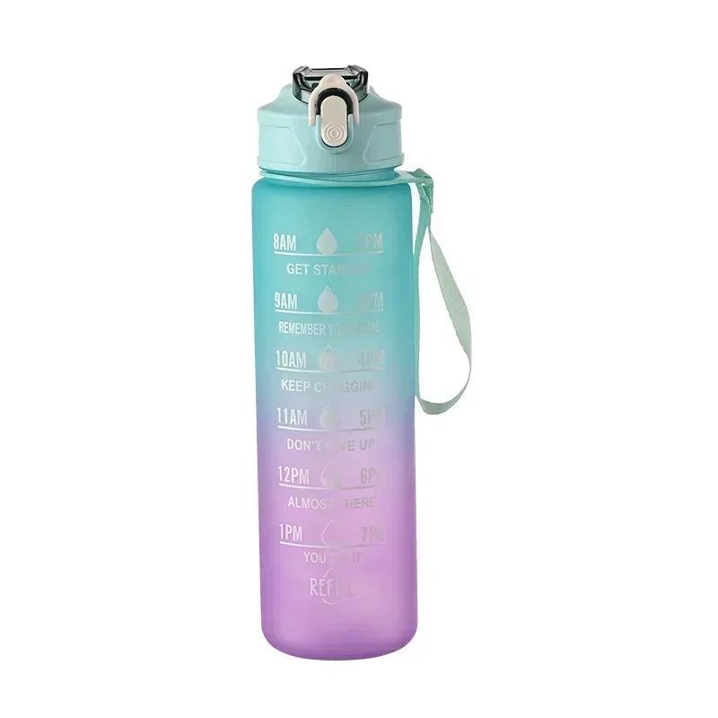 1pc Gradient Sports Water Bottle with Straw & Time Marker for Outdoor Fitness Hiking & Gym Leakproof Travel Water Bottle