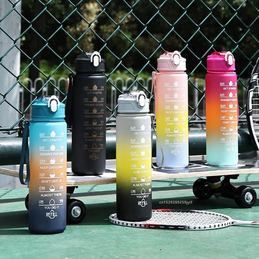 1pc Gradient Sports Water Bottle with Straw & Time Marker for Outdoor Fitness Hiking & Gym Leakproof Travel Water Bottle