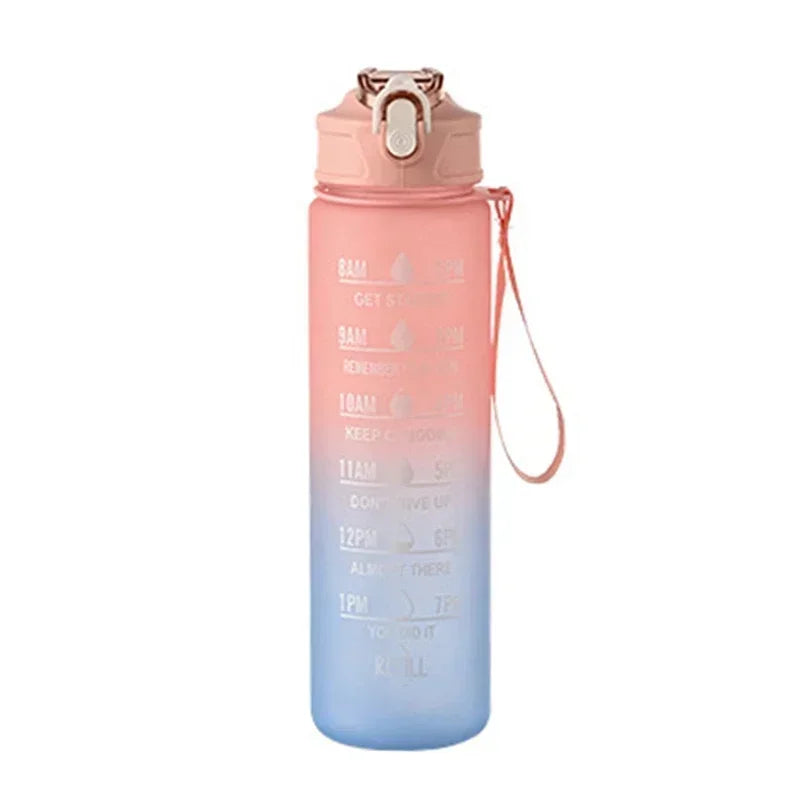 1pc Gradient Sports Water Bottle with Straw & Time Marker for Outdoor Fitness Hiking & Gym Leakproof Travel Water Bottle